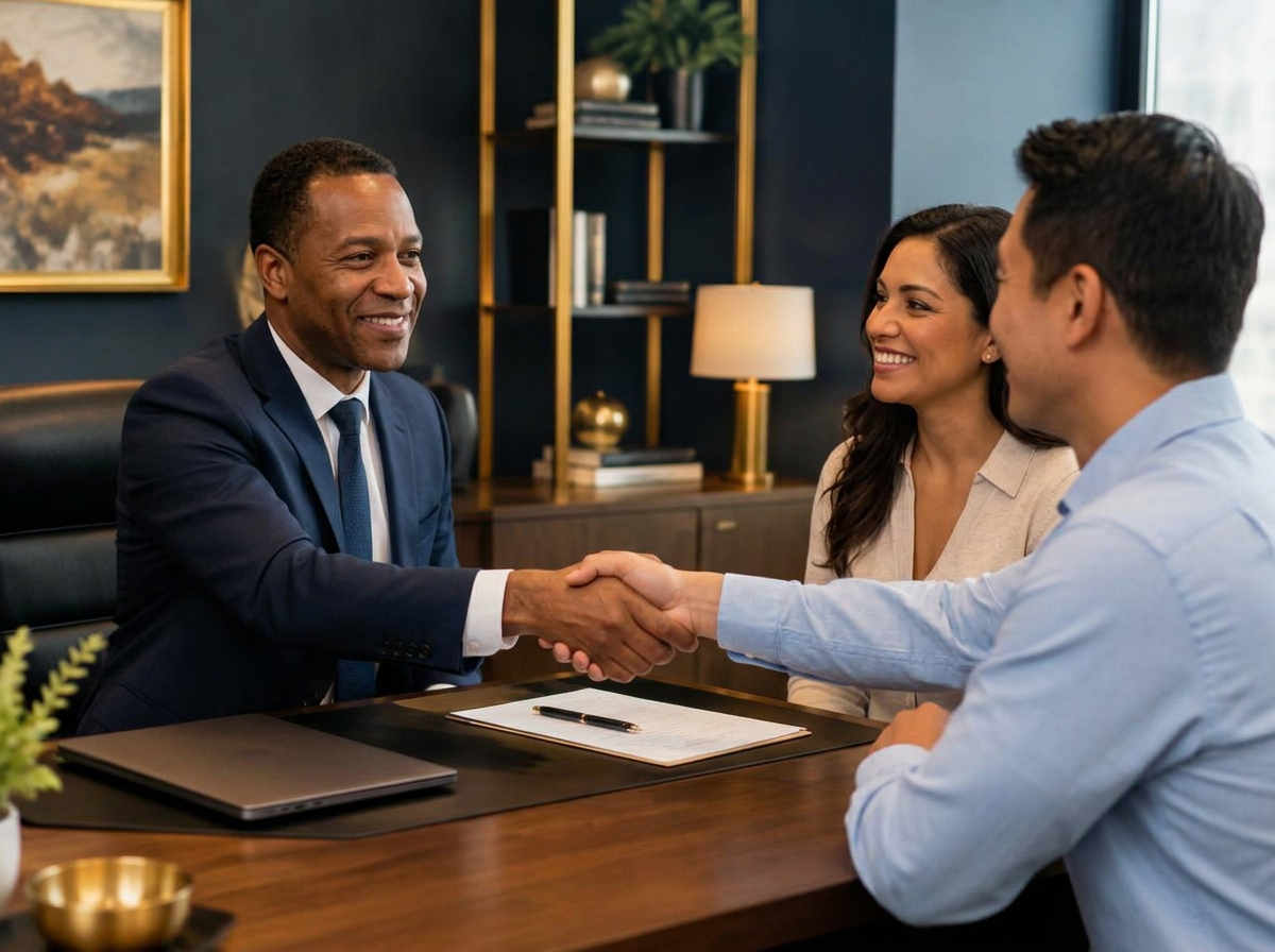 Gladiators agent shaking hands with a smiling couple in the office