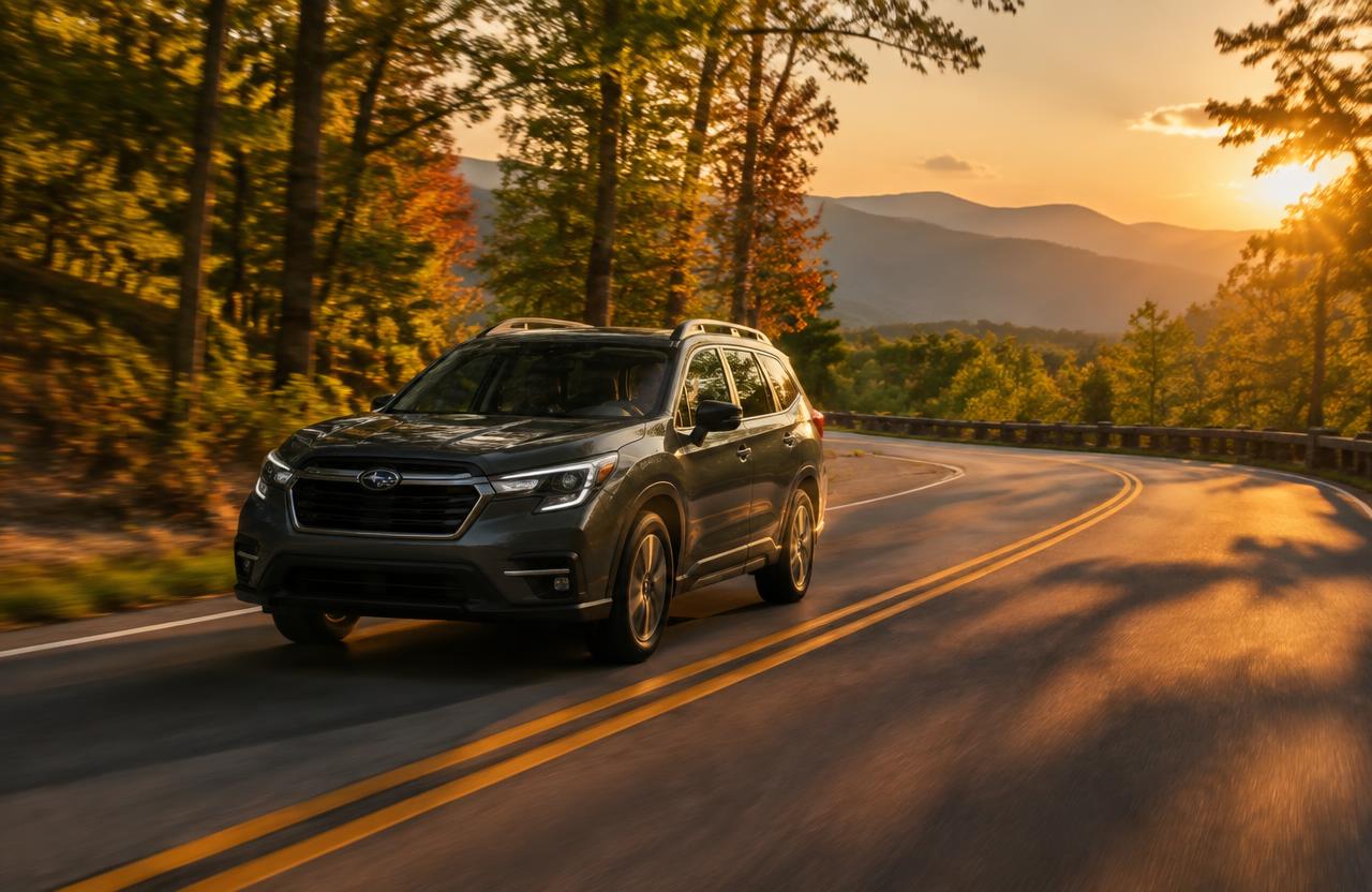 SUV driving a scenic North Carolina mountain road at sunset