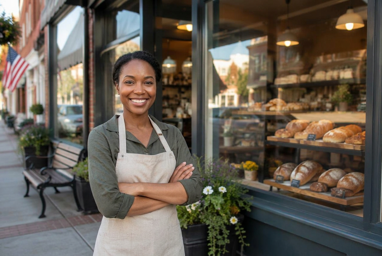 Black small business owner smiling outside her bakery storefront