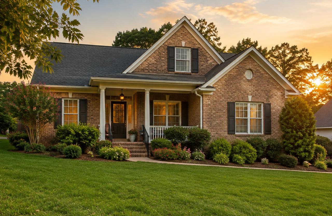 Brick North Carolina home with a front porch at sunset
