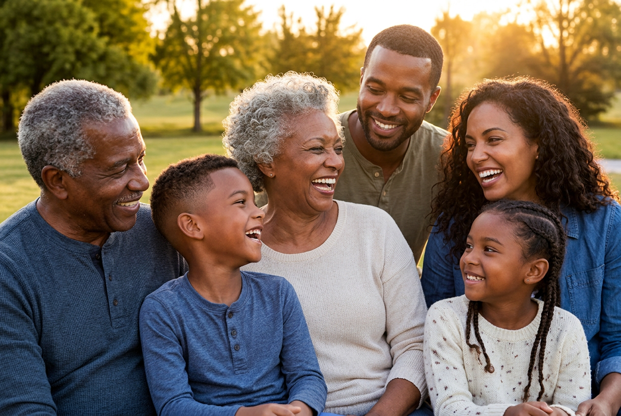 Three generations of a Black family laughing together outdoors
